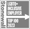 Logo: Stonewall - LGBTQ+ Inclusive Employer - Top 100 2023